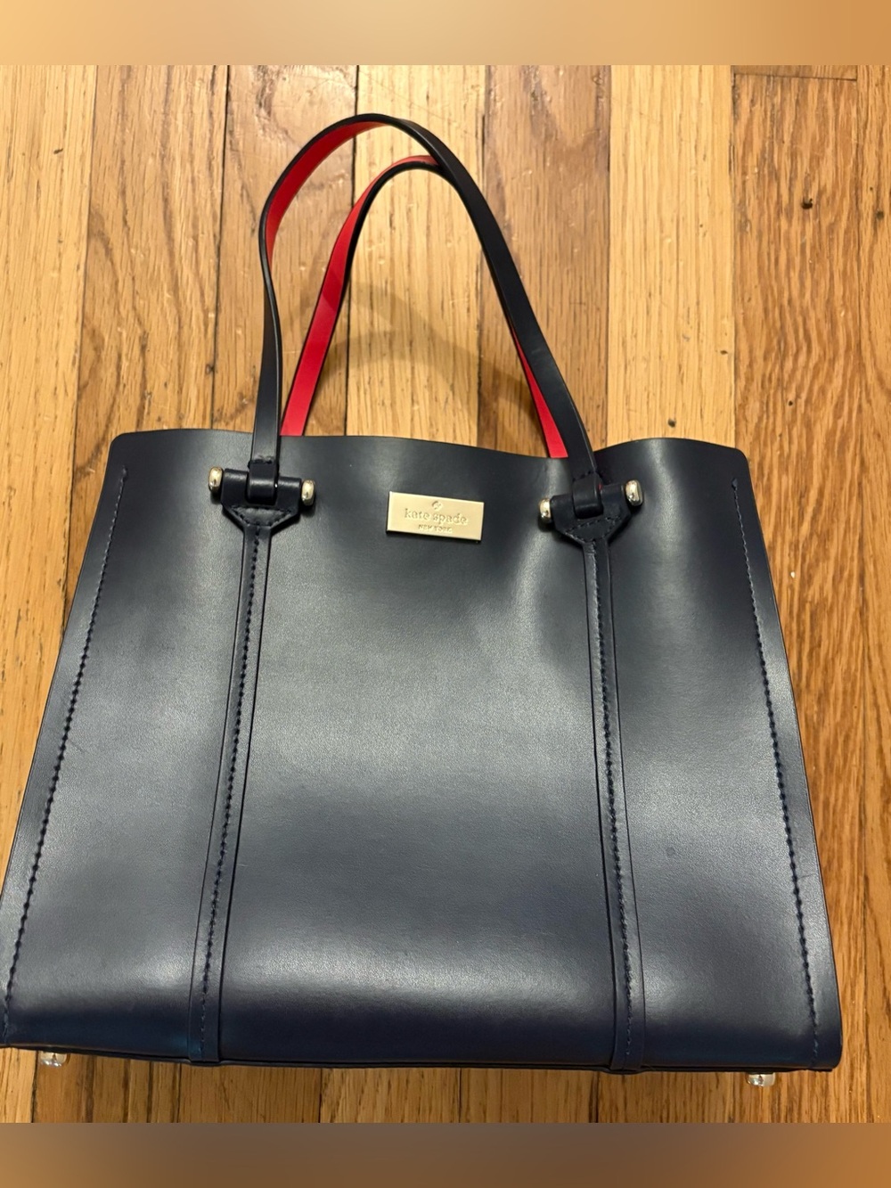 kate spade Navy Tote with Red-Trim Handles and Gold Plaque